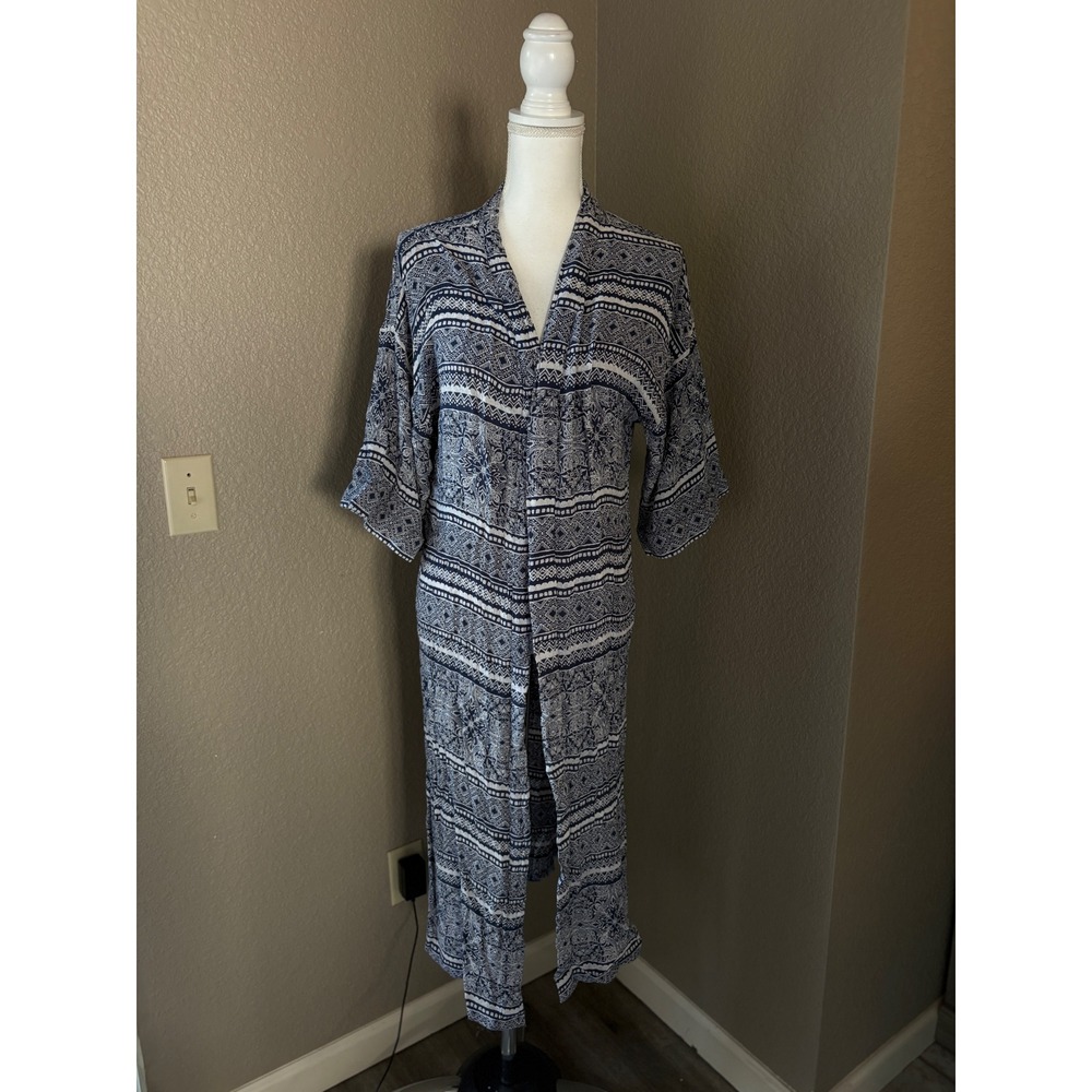 Rip Curl Womens Blue White Medallion Geo Print Long Open Front Kimono Duster OS